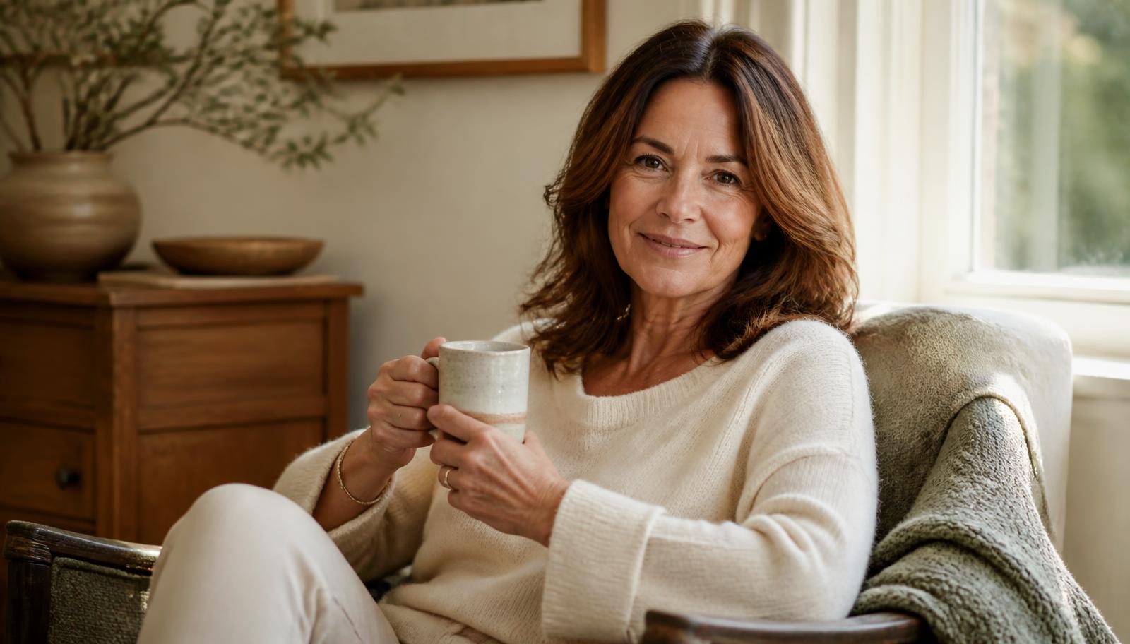 The same woman sitting by a sunlit window with a mug, smiling naturally