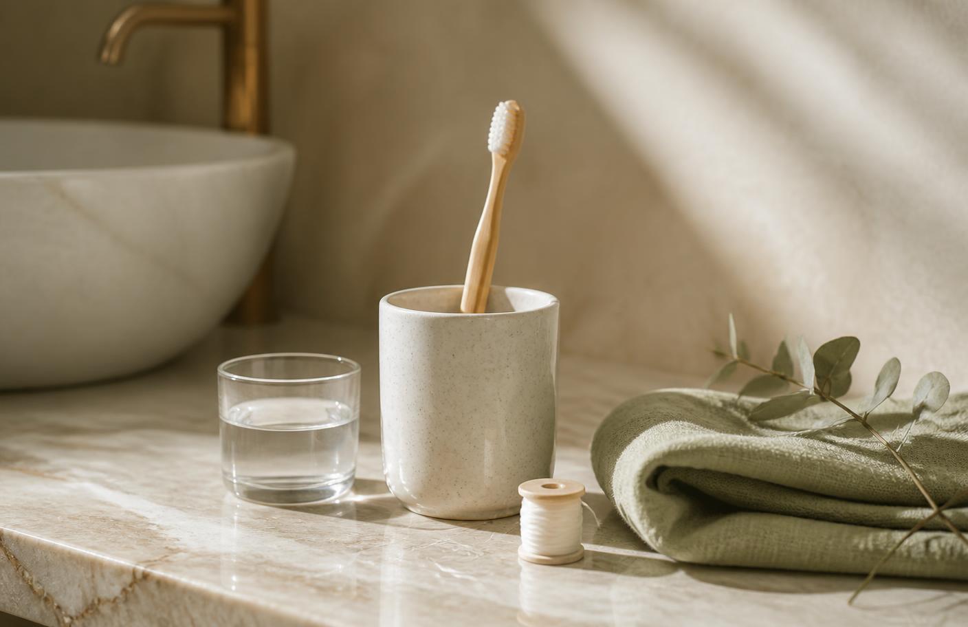 A clean bathroom counter with a toothbrush, a glass of water, floss and a folded towel