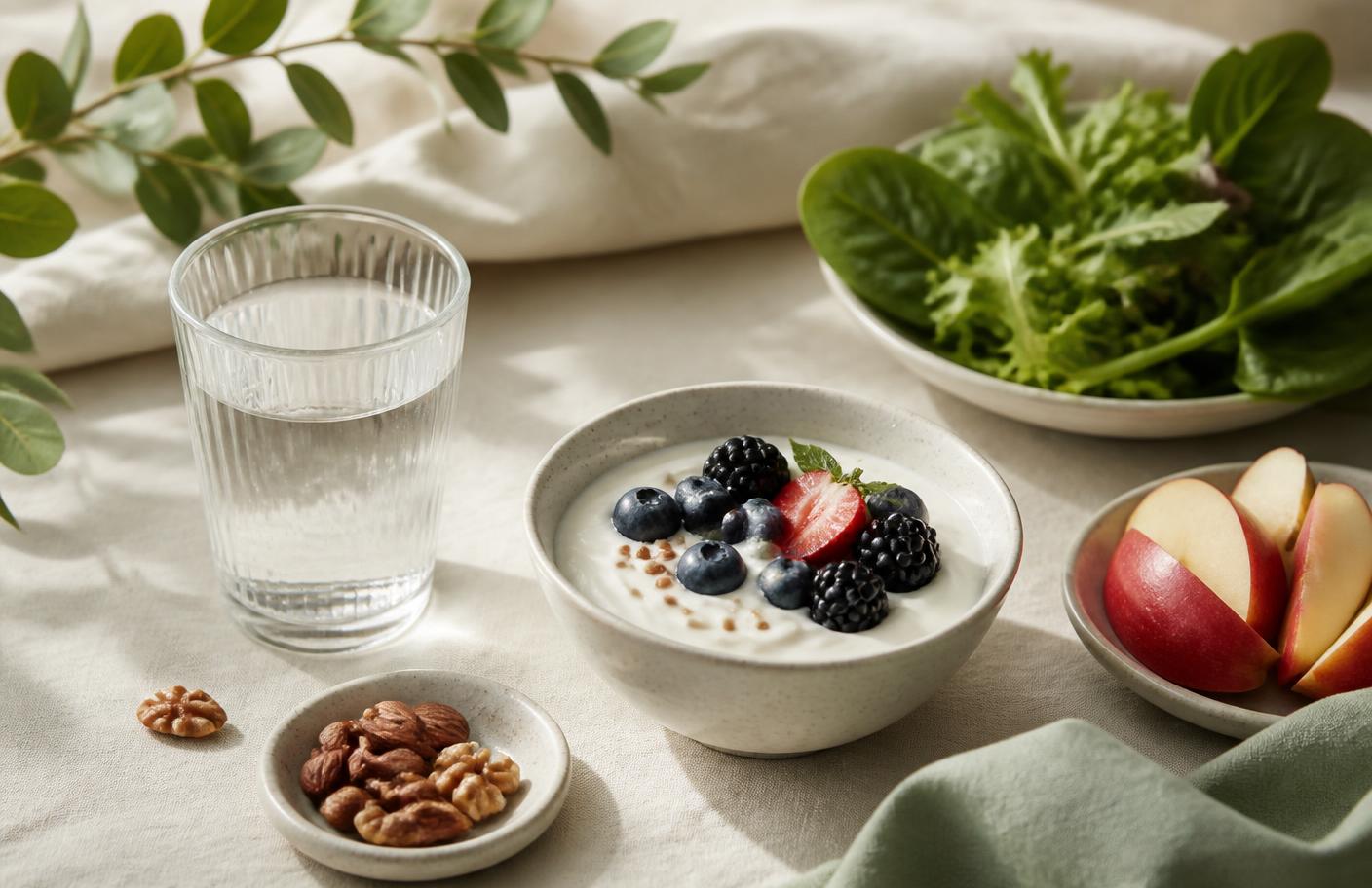 A glass of water, yogurt with berries, apple slices, greens and nuts on a linen tabletop