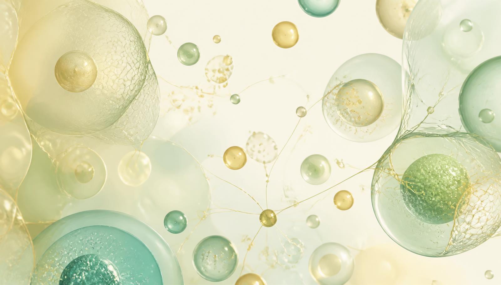 An elegant abstract visualisation of translucent spheres in soft teal, sage and gold tones